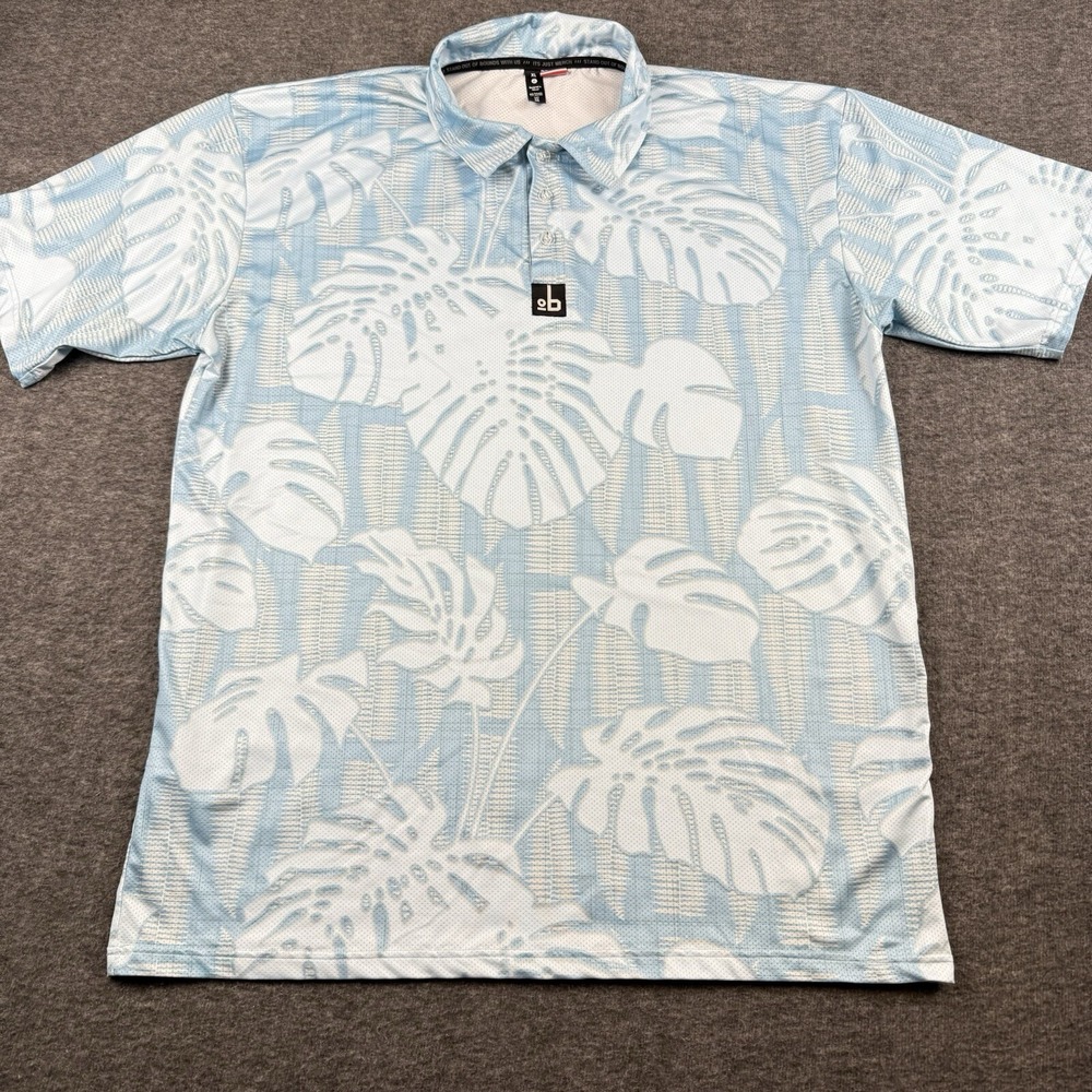 OB Out Of Bounds Polo Men XL Blue Hawaiian Shirt Golf Performance All Over Print